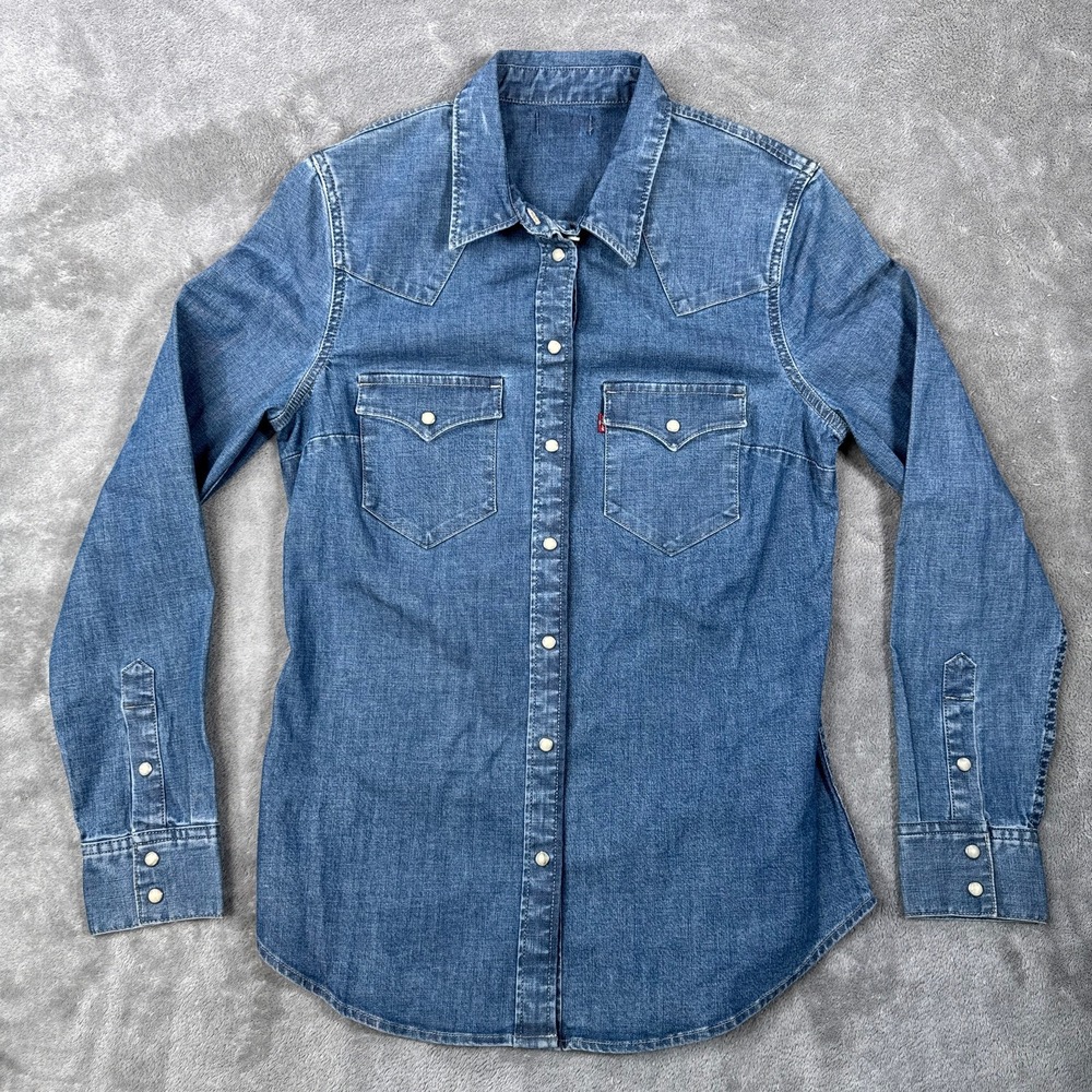 Levi's Denim Western Shirt Womens XS Blue Pearl Snap Long Sleeve Classic Fit